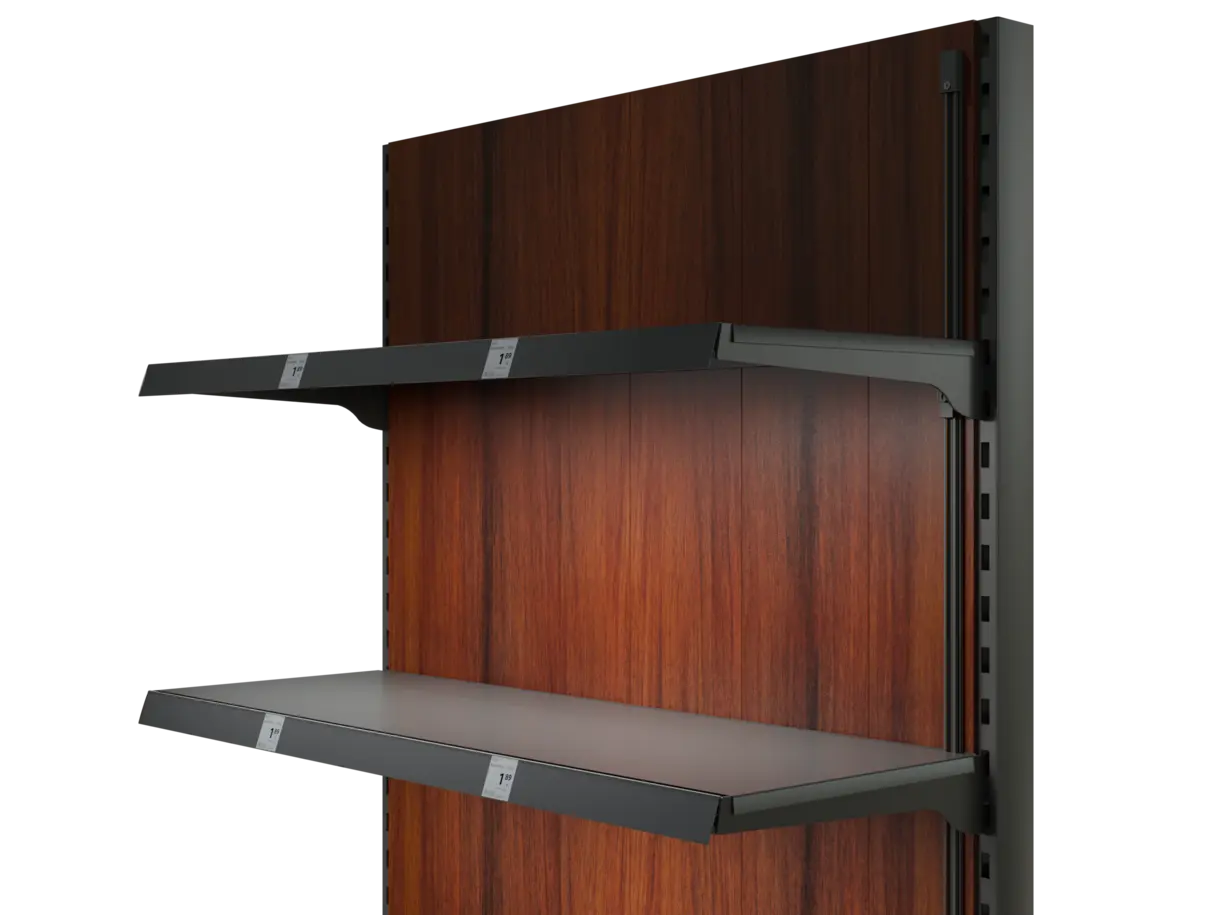 INWI X Line Stromschiene montiert an der Regalrückwand – elegante Stromschienenlösung von DWD Concepts