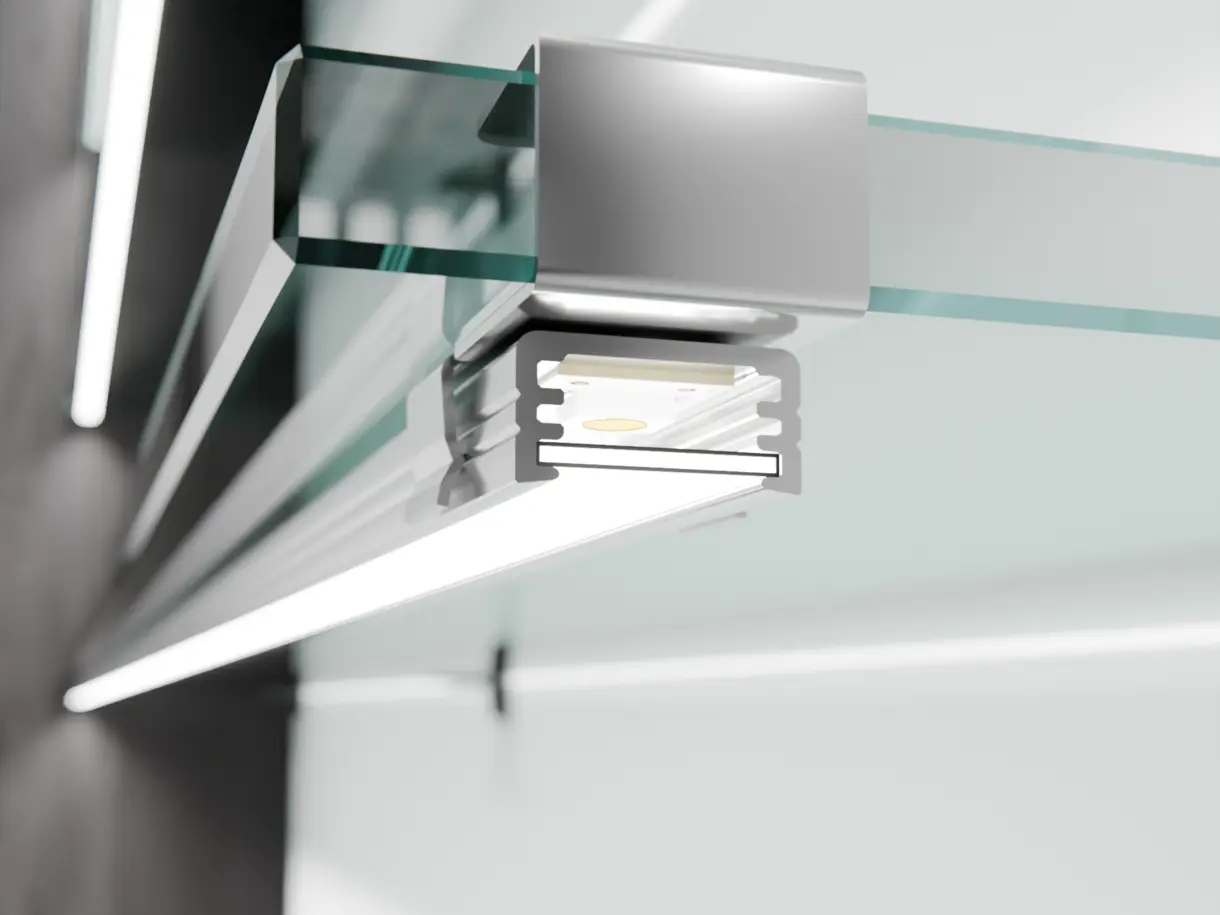 Montagesituation der LED-Lichtleiste TAURI mit Glasbodenclips am Glasboden – elegante Regalbeleuchtung von DWD Concepts