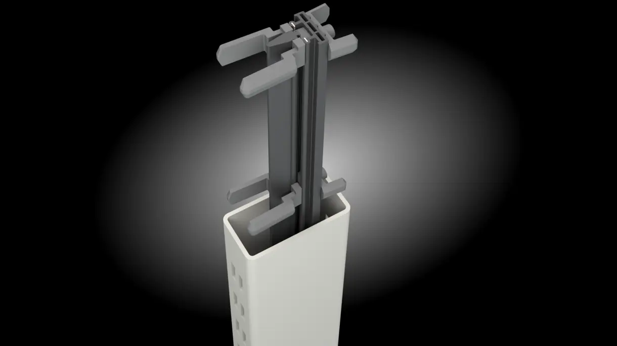 INWI Standard Stromschiene in Regalsäule 30 x 60 mm mit Doppellochung und Abstandhaltern von DWD Concepts – unsichtbare LED-Stromzufuhr für Möbel-, POS- und Messebau.