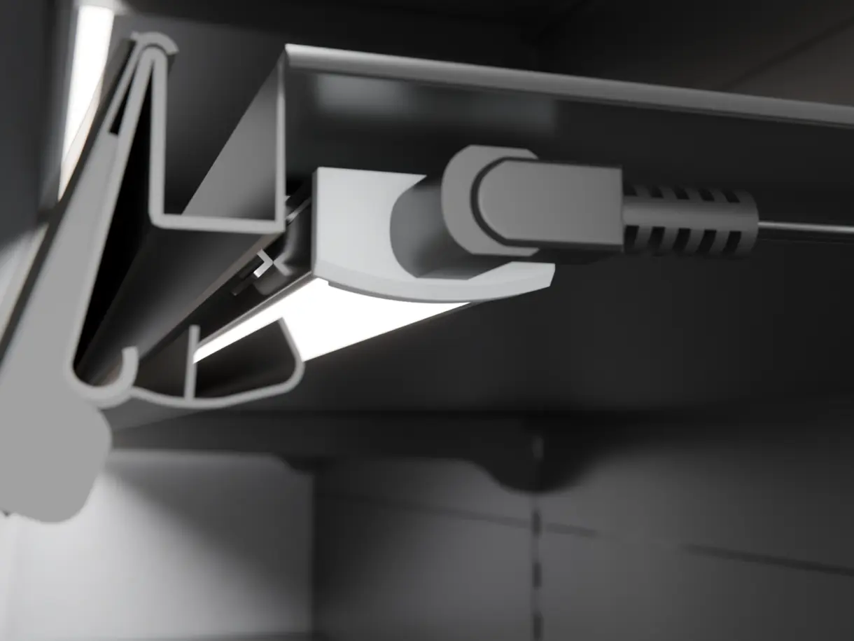 Einbausituation der LED-Lichtleiste CALLU MDC in Aufbaumontage am Metallfachboden – präzise Regalbeleuchtung von DWD Concepts