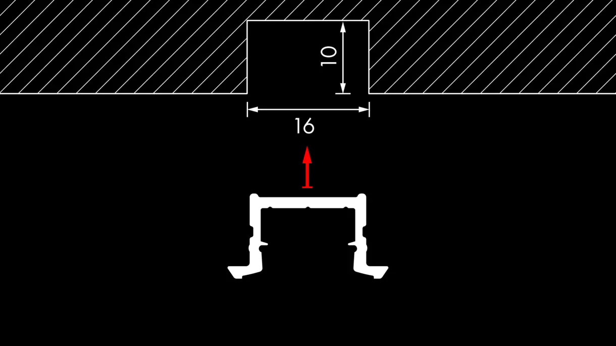 Querschnittszeichnung der LED-Lichtleiste COLLUDO D in eingelassener Montage mit Abmessungen – technische Darstellung von DWD Concepts