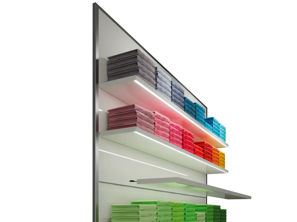 Beispielanwendung der BBS INWI Stromschiene als waagerechtes Fachbodenträgersystem – flexible Stromführungslösung von DWD Concepts