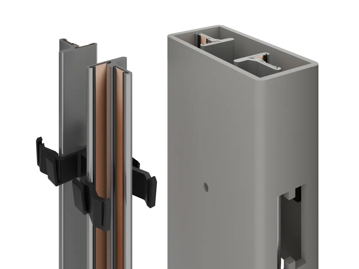 linke Abbildung: INWI Plus V2 Stromschiene – rechte Abbildung: Stromschiene integriert in der Regalsäule zur Aufnahme von Regalfachbödenträgern mit Direktkontaktierung – flexible Stromschiene