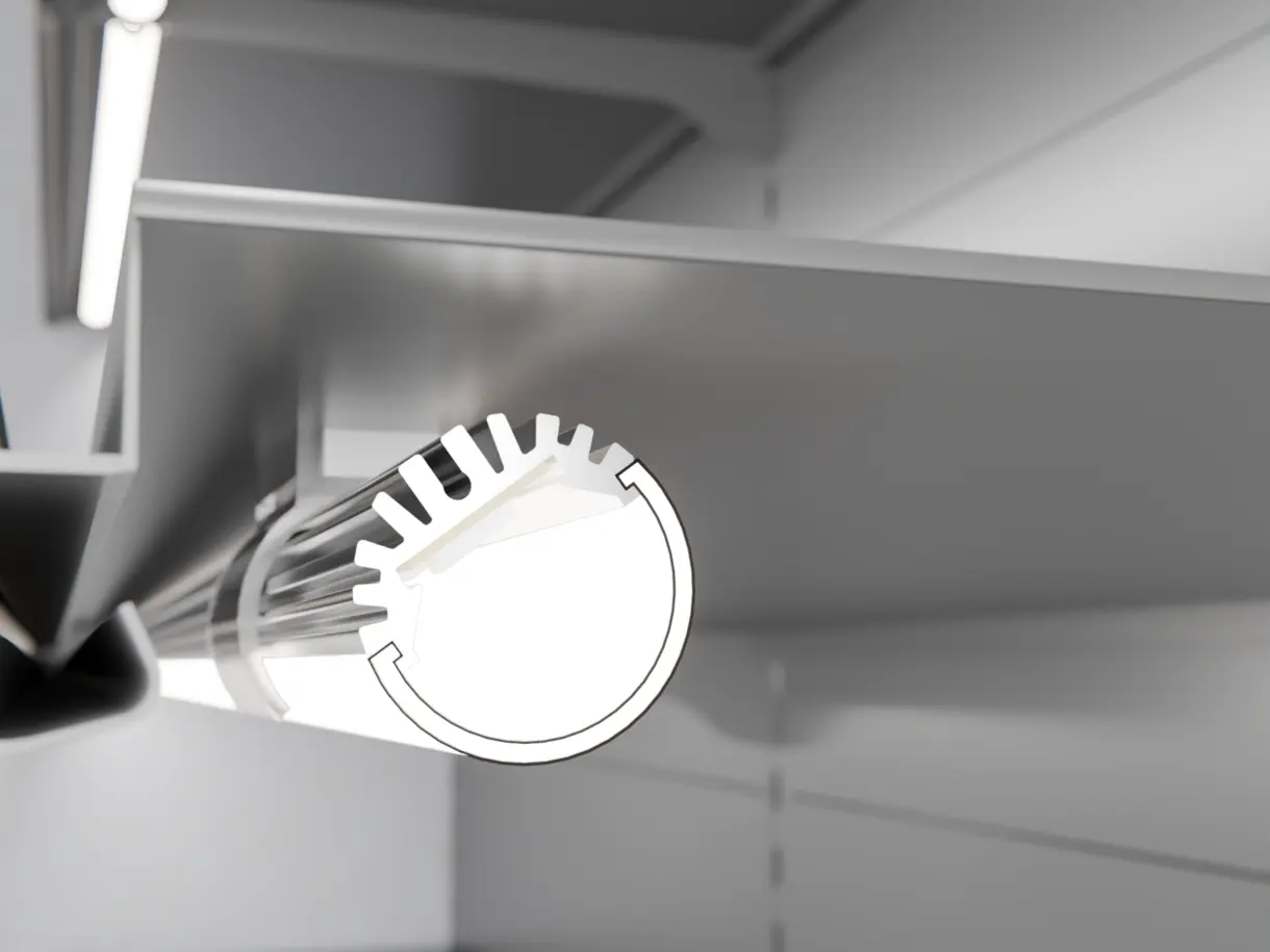 Montagesituation der LED-Lichtleiste GALLERY HP im Metallregal – leistungsstarke Regalbeleuchtung von DWD Concepts