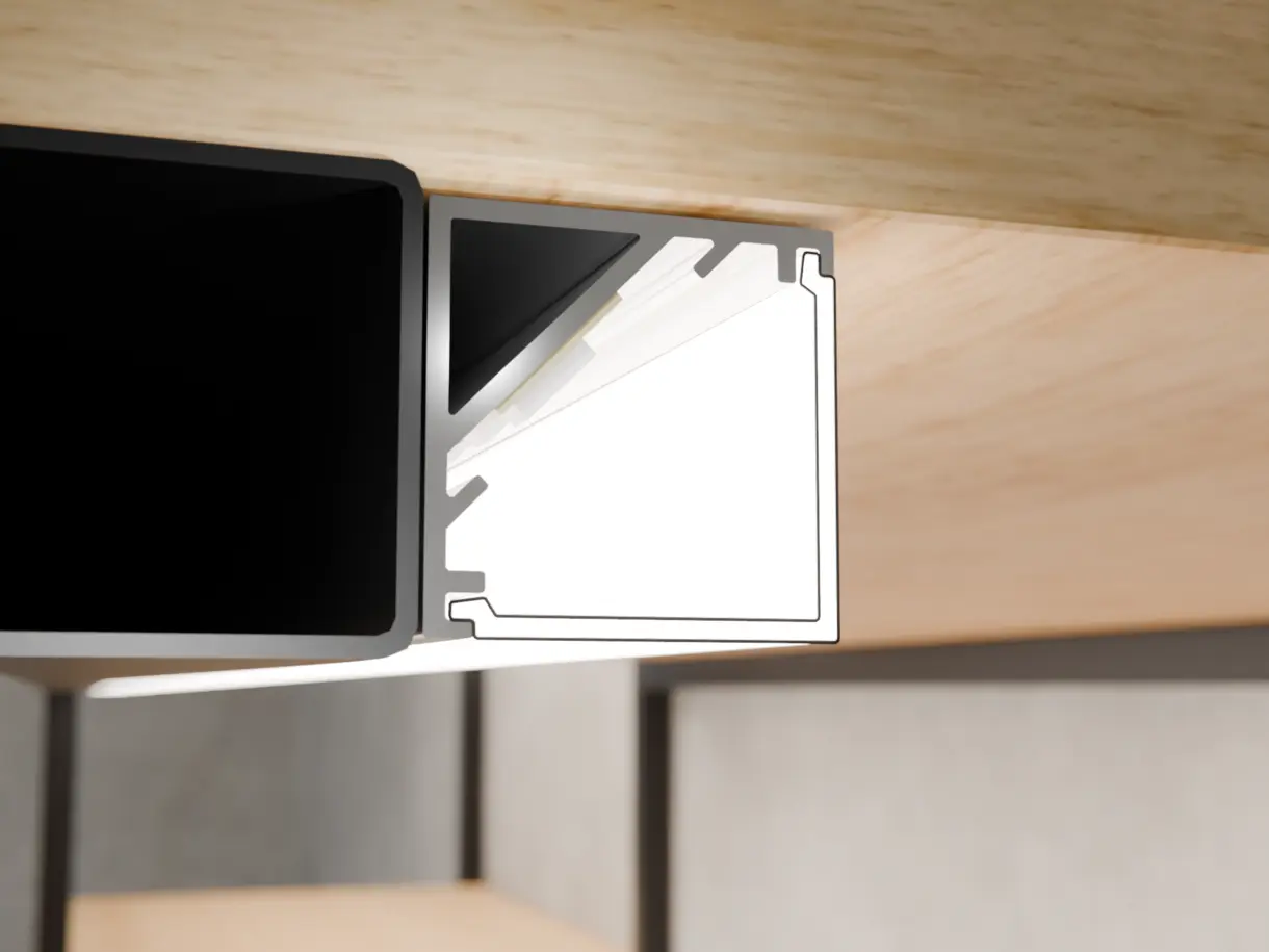 „LED-Lichtleiste TITA L als Eckprofil in Aufbaumontage am vorderen Teil des Fachbodens – präzise Regalbeleuchtung von DWD Concepts