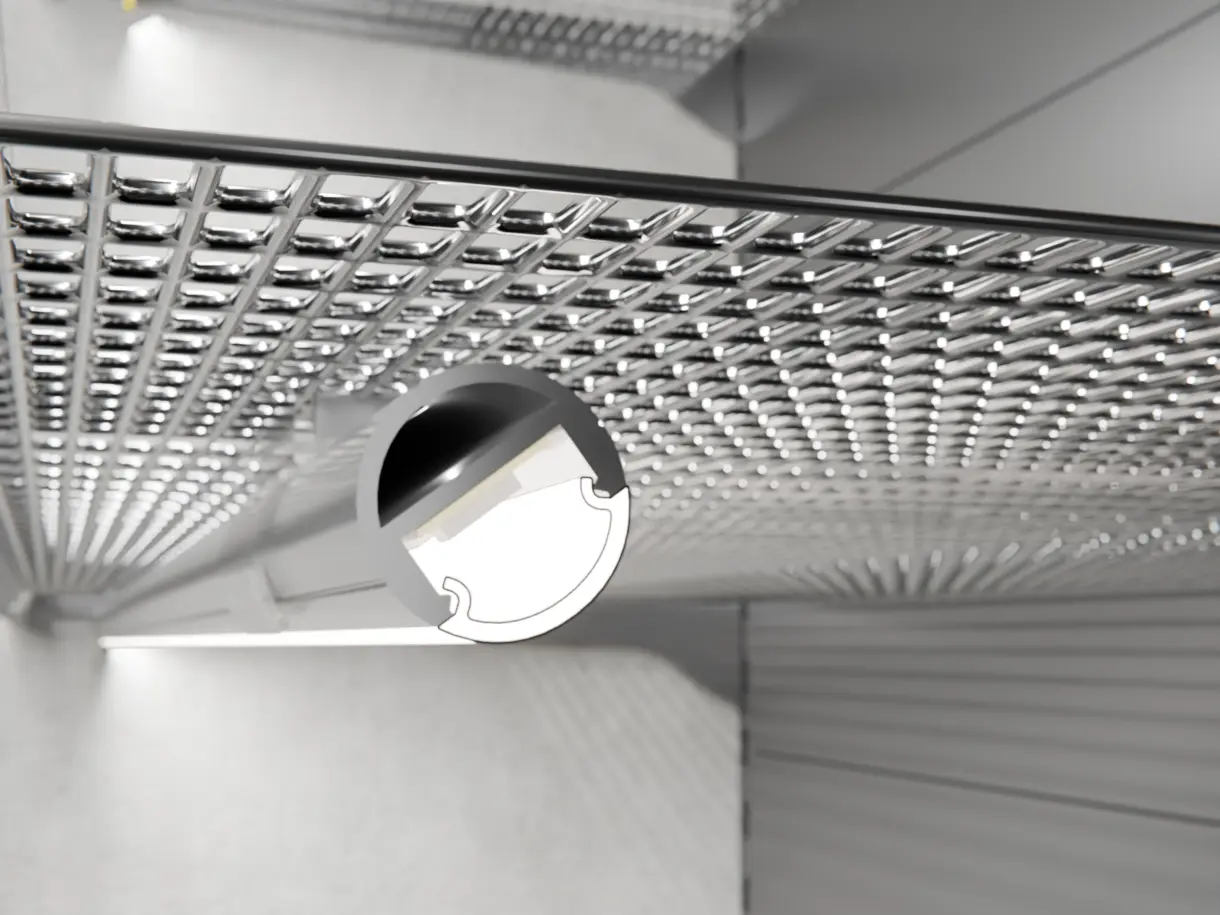 LED-Lichtleiste GALLERY in Unterbodenmontage am Gitterfachboden – effiziente Beleuchtungslösung von DWD Concepts