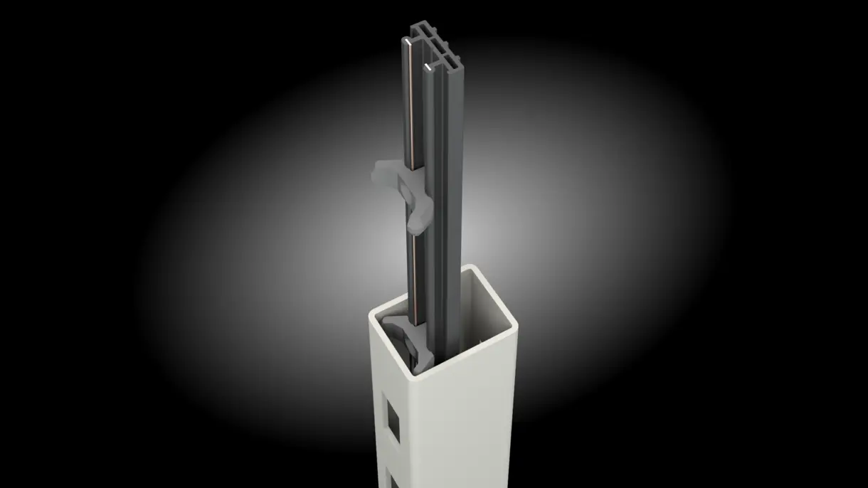 INWI Standard Stromschiene in Regalsäule 40 x 30 mm mit Abstandhaltern von DWD Concepts – dezente LED-Stromzufuhr für Möbel-, POS- und Messebau.