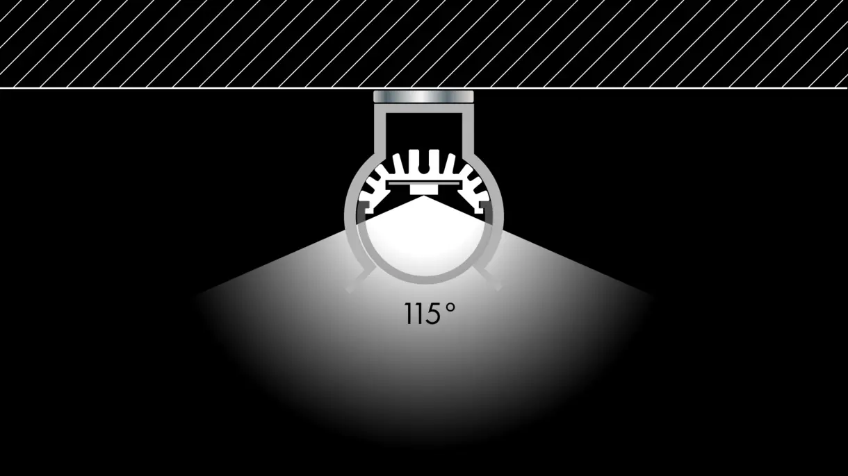 Querschnittszeichnung der LED-Lichtleiste GALLERY HP mit magnetischem Federstahlclip und 150° Abstrahlwinkel – flexible Lichtlösung von DWD Concepts