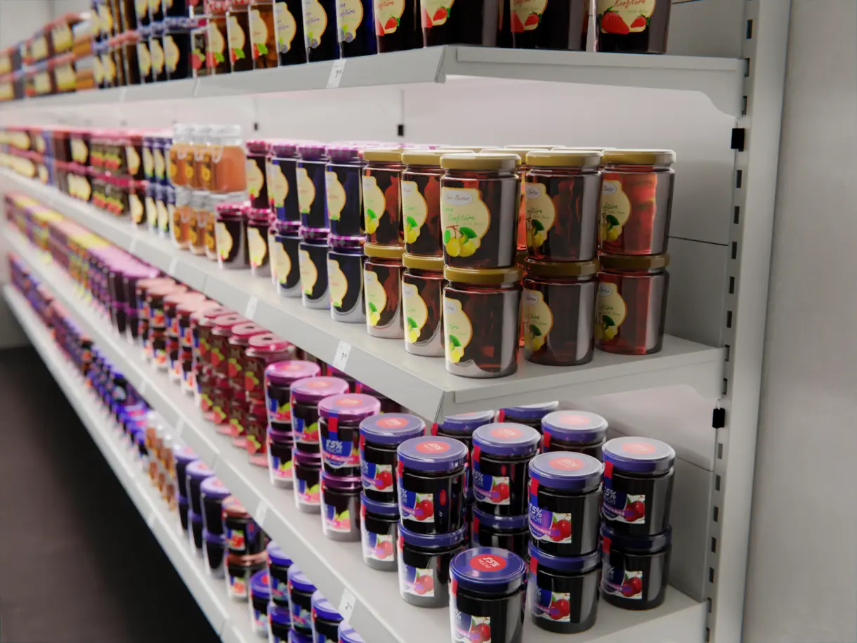 Einbaubeispiel der LED-Lichtleiste GALLERY HP im Metallregal mit Marmeladengläsern – moderne Warenbeleuchtung 2025 von DWD Concepts