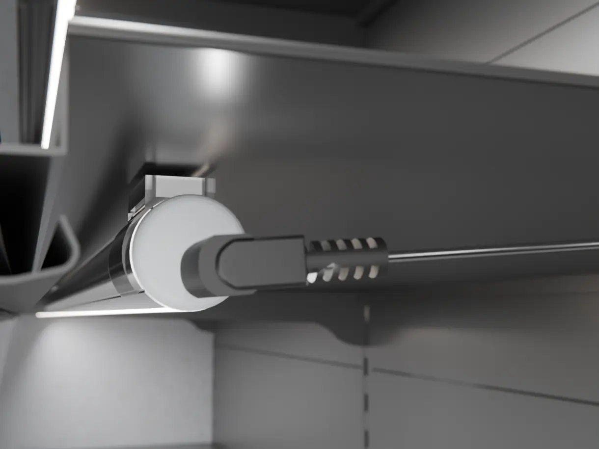 Montagesituation der LED-Lichtleiste GALLERY MDC in Unterbaumontage am Metallregal – präzise Regalbeleuchtung von DWD Concepts