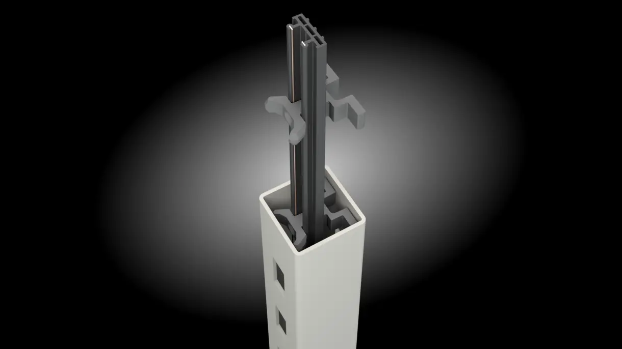 INWI Standard Stromschiene in Regalsäule 40 x 40 mm mit Abstandhaltern von DWD Concepts – unsichtbare LED-Stromzufuhr für Anwendungen im Möbel-, POS- und Messebau.