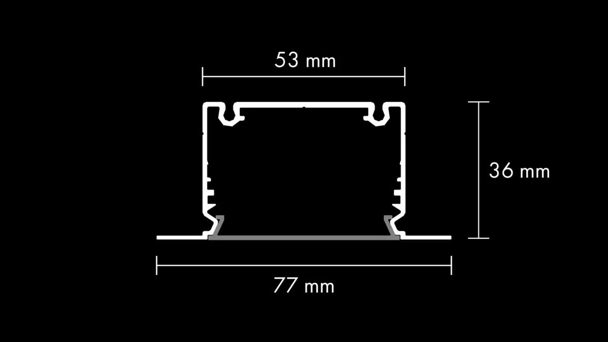 Querschnittszeichnung der LED-Lichtleiste COULSON mit Diffusor und Abmessungen – technische Darstellung von DWD Concepts